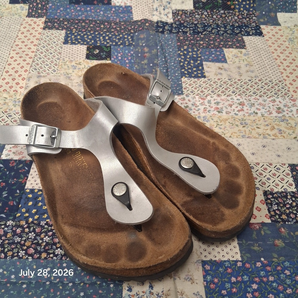 Birkenstock Gizeh Sandal Women 9 Mens 7 EU40 Silver Birko Flor Thong Regular Fit